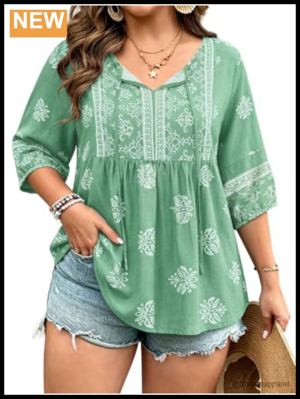 Women's Plus Size 3/4 Puff Sleeve Square Neck Blouse Front Pleats Peasant Top